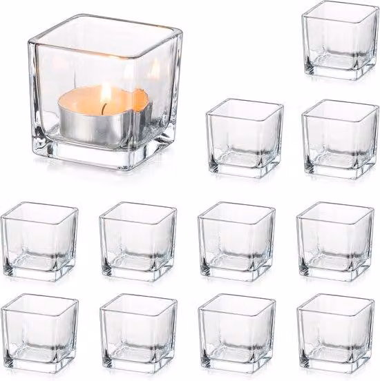 Set di 12 portacandele in vetro, piccoli portacandele trasparenti in vetro, mini portacandele cubici, per decorazioni da tavola