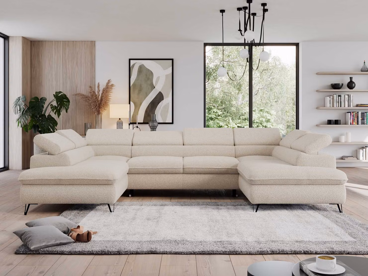 Divano ad angolo con contenitore, divano letto a U con funzione letto, poggiatesta regolabili - PEDRO U - Bouclé - Beige