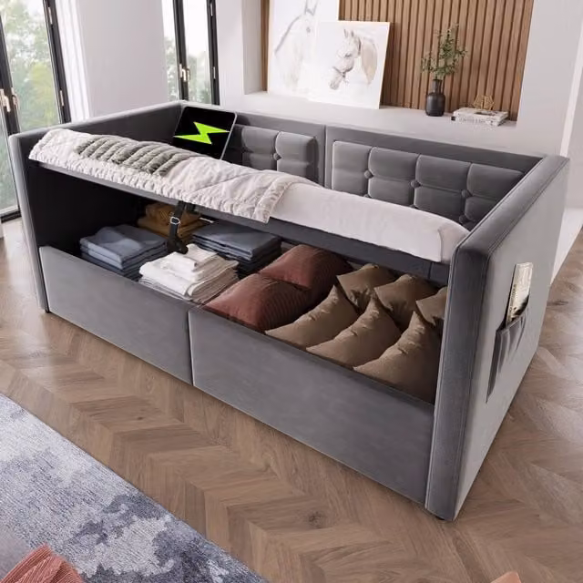 Divano letto Mivray in velluto grigio con contenitore e porte USB, L/P: 90 x 200 cm