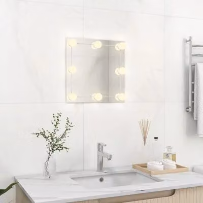 Specchio per vanità AIORBER con luce LED, quadrato, design minimalista, con porta USB, per camera da letto, soggiorno, 40 x 40 cm, argento