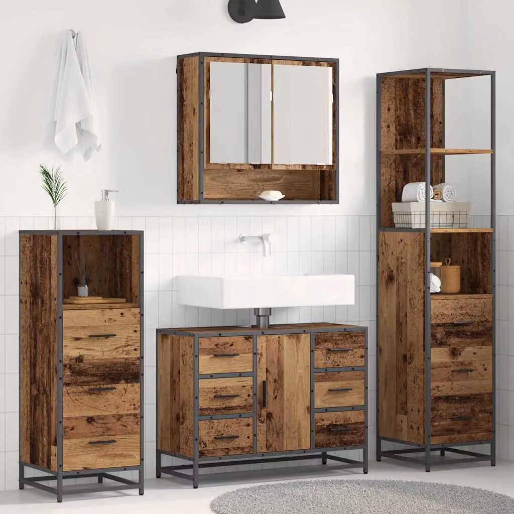 Set di mobili da bagno vidaXL 4 pezzi in legno e metallo marrone, composto da armadietto con specchio, mobile lavabo, mobile laterale e colonna alta, L/P/H: 80 x 33 x 166 cm