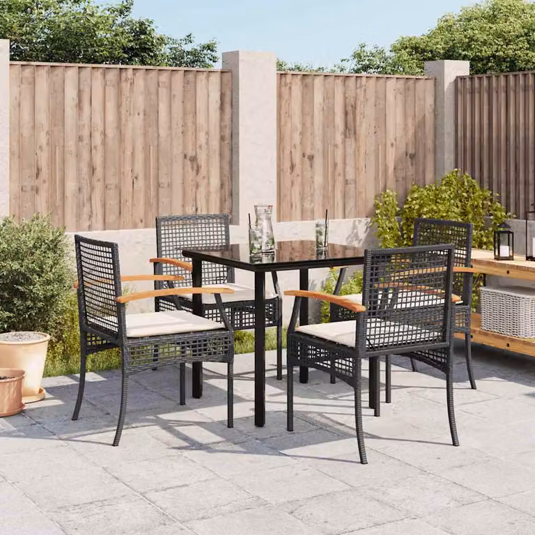 Set da pranzo da giardino vidaXL in legno di acacia oliato e polyrattan con tavolo in vetro, 5 pezzi, nero e bianco