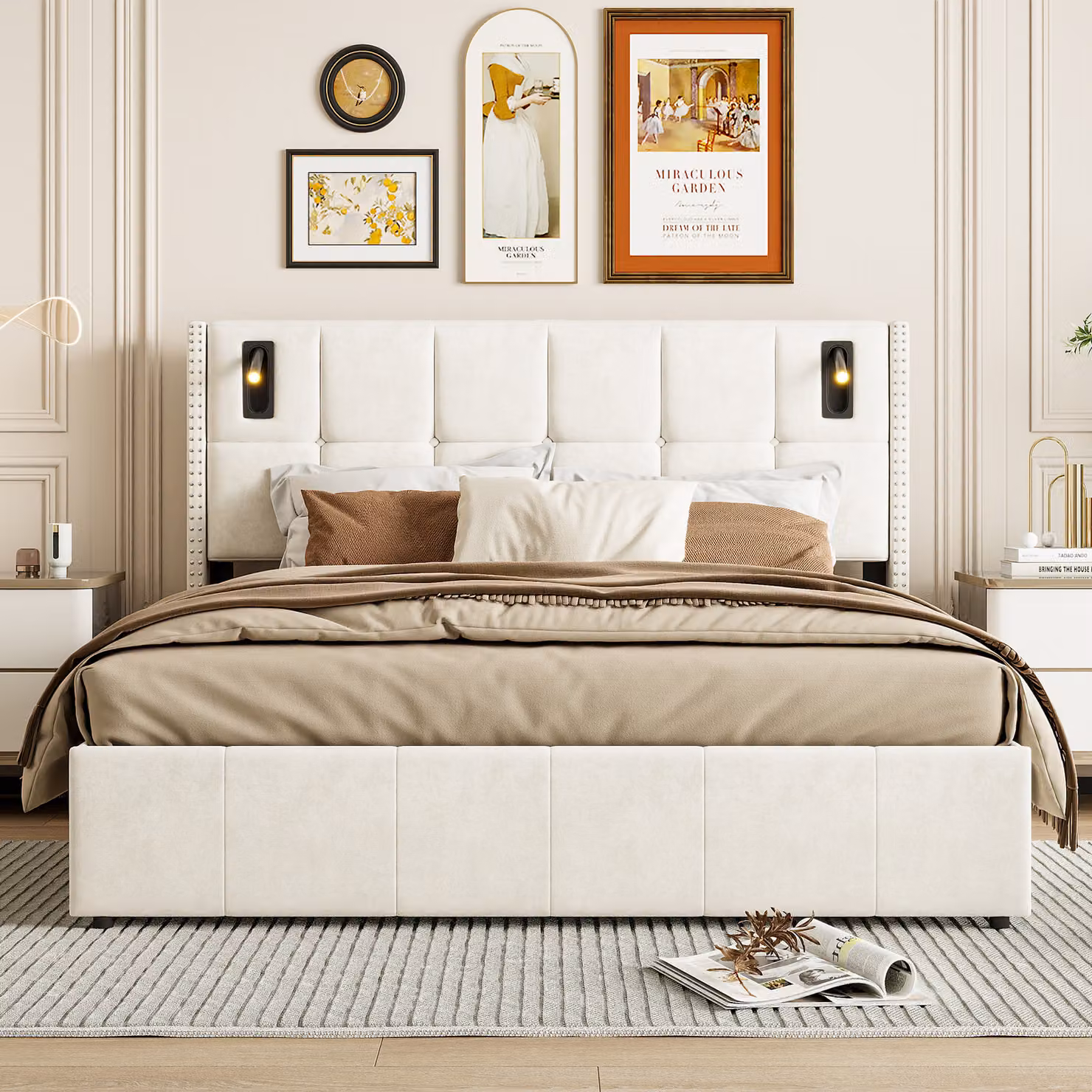 Letto imbottito Fortuna Lai 140x200 cm con contenitore, rete a doghe e luce di lettura, idraulico, letto in legno, beige