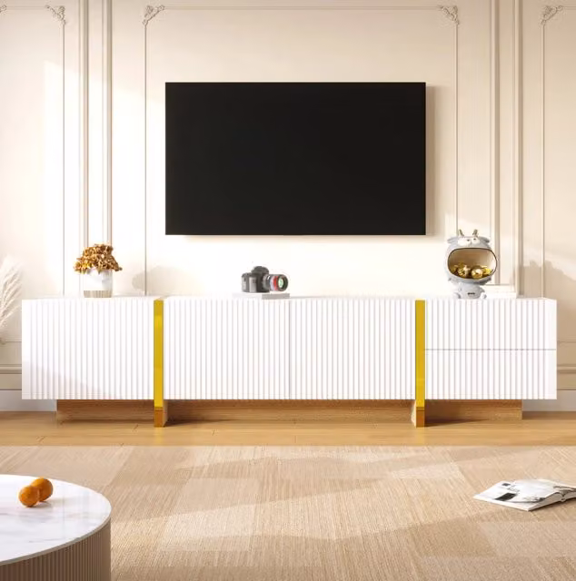 Mobile TV 190 cm con 3 ante e 2 cassetti in MDF e truciolare; bianco e oro con effetto venatura del legno