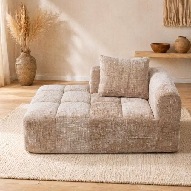 Divano chaise longue in chenille color kaki con tasche laterali; 158x90x60 cm