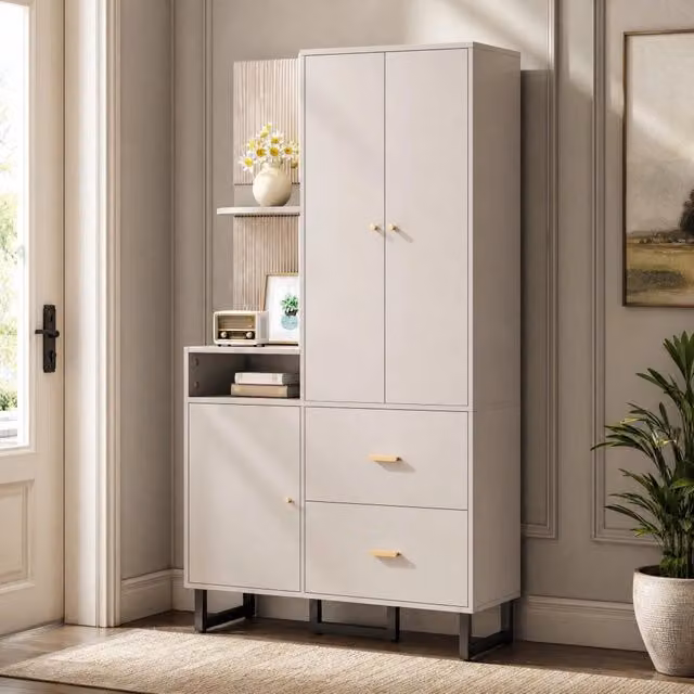 Garderoba multifunzione da ingresso 110x38x186 cm in MDF beige e grigio