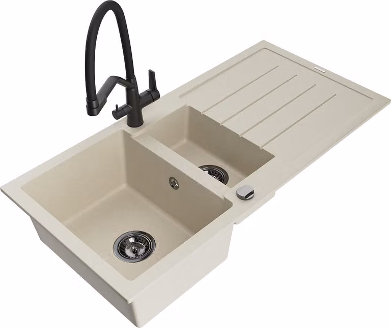 Mexen Andres lavello in granito con 1,5 vasche e scolapiatti e miscelatore Duo, beige - 6515-69-671701-70-B