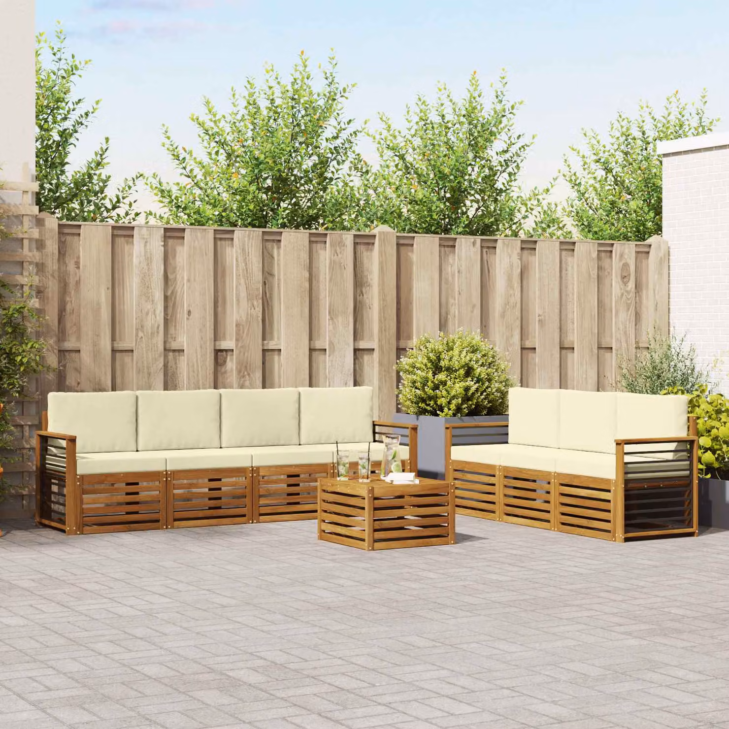 Set di divani da giardino vidaXL in legno di acacia massello con cuscini, 8 pezzi, beige e bianco