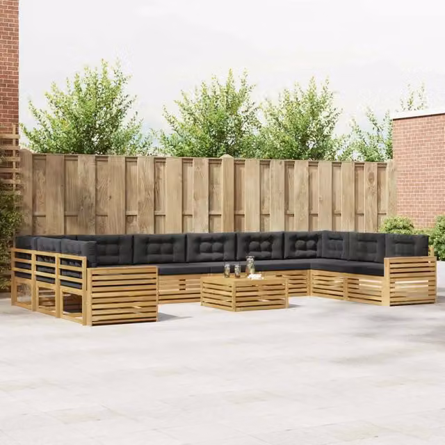 Set di divani da giardino a forma di L vidaXL in legno di acacia con tavolino da esterno e cuscini, marrone e grigio – 1