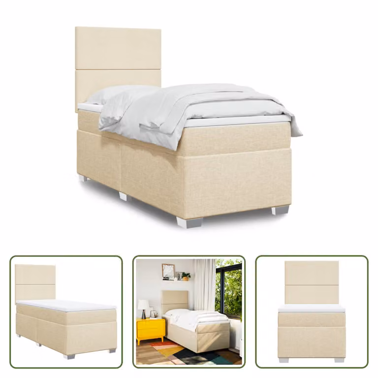 The Living Store Letto a molle con materasso crema 100x200 cm in tessuto