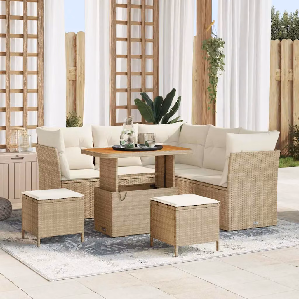 Set Divano da Giardino a L vidaXL 8 Pezzi Beige con Cuscini e Tavolino da Caffè in Polyrattan e Acciaio – 1