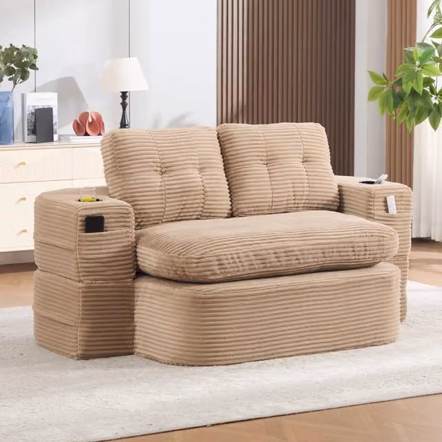 Divano convertibile 2 - en - 1 in velluto a coste; poltrona letto con funzione di sonno; braccioli regolabili; portabicchieri integrati; Kaki