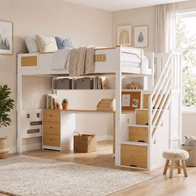 Letto a soppalco Mivray singolo con scrivania, cassetti, scala contenitore e mensola in legno bianco naturale L/P/H: 200 x 90 x 162,5 cm