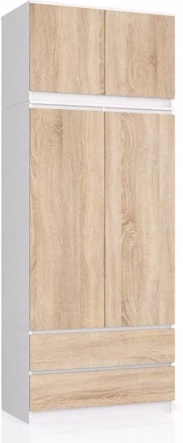Armadio AKORD S90 con sopralzo Bianca 90 cm 2 ante 2 cassetti inserto frontale Sonoma Quercia 90x51x234 cm