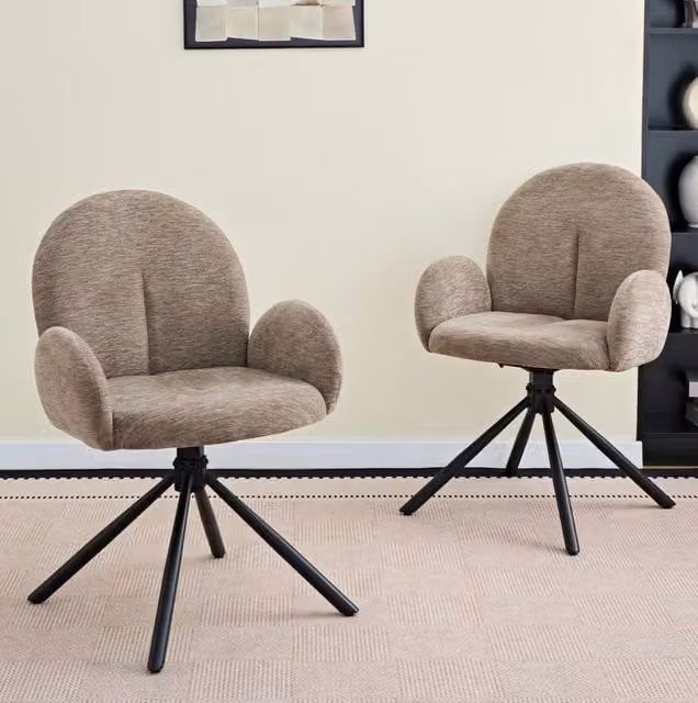 Set di 2 Sedie Girevoli da Pranzo con Braccioli, Rivestimento in Tessuto Effetto Velluto Taupe, Gambe in Metallo Nero