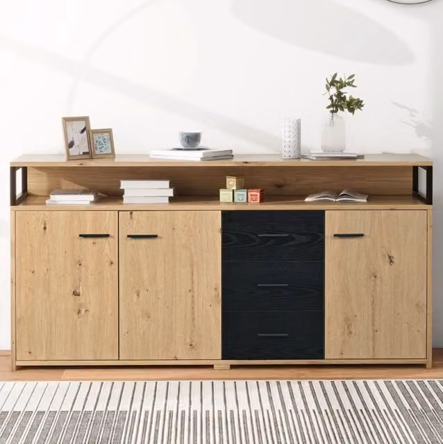 Credenza moderna con 3 ante e 3 cassetti, mobile contenitore