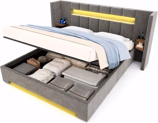 Letto matrimoniale 180x200 cm con contenitore idraulico; USB e LED in velluto grigio scuro