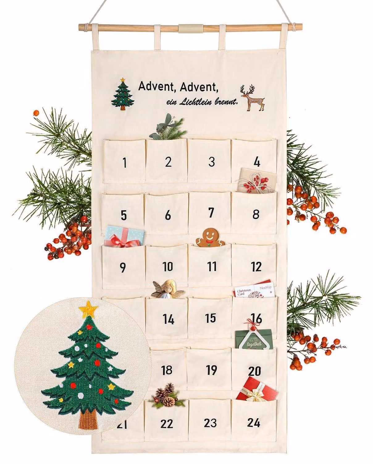 Calendario dell'Avvento in tessuto, color beige, con ricamo e scritta, 24 tasche, da appendere alla parete