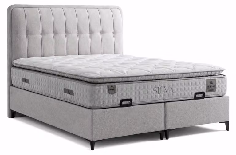 Letto con materasso in stile moderno, grigio, con contenitore e morbida imbottitura