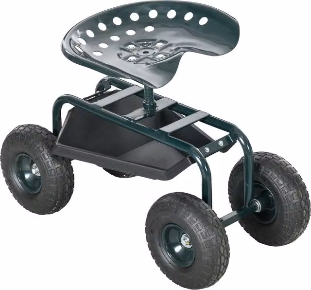 Outsunny Carrello da Giardino con Sedile Regolabile e Vassoio Inferiore in Acciaio e PP, Verde Scuro, L 83 cm x P 36,5 cm x H 45-60 cm