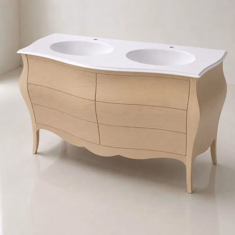Mobile bagno Mobili 2G con 6 cassetti e doppio lavello in legno grezzo bianco L/P/H: 162 x 58 x 83 cm