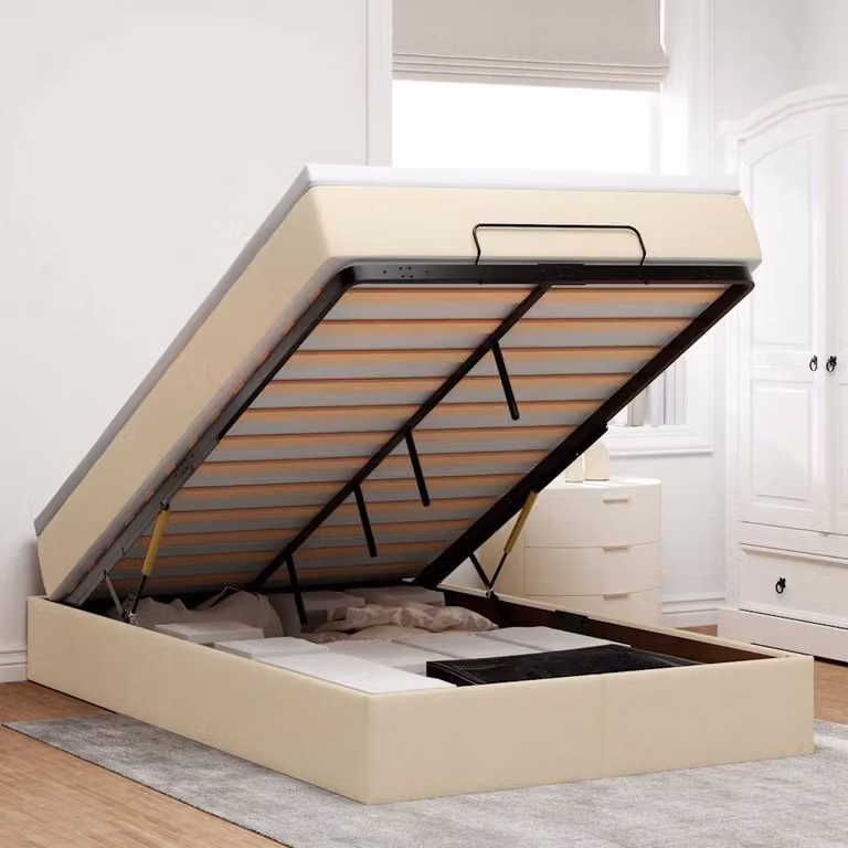 vidaXL Struttura Letto con Contenitore a Sollevamento e Materasso in Tessuto Beige e Bianco L/P/H: 120 x 200 x 23,5 cm