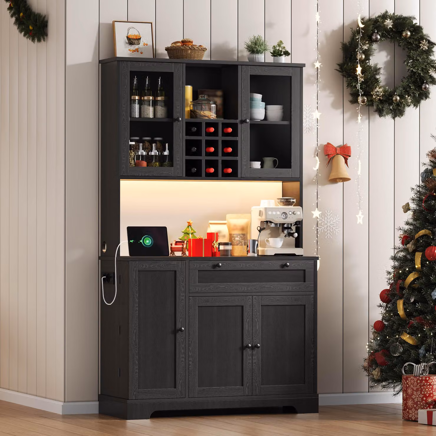 Flieks mobile alto da cucina con ante in vetro, mobile da cucina buffet con led e funzione di carico, credenza con portabottiglie, 105x40x180cm, nero