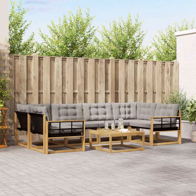 Set di divani da esterno vidaXL a forma di U composto da 7 pezzi in legno di acacia con cuscini, colore bianco e grigio chiaro