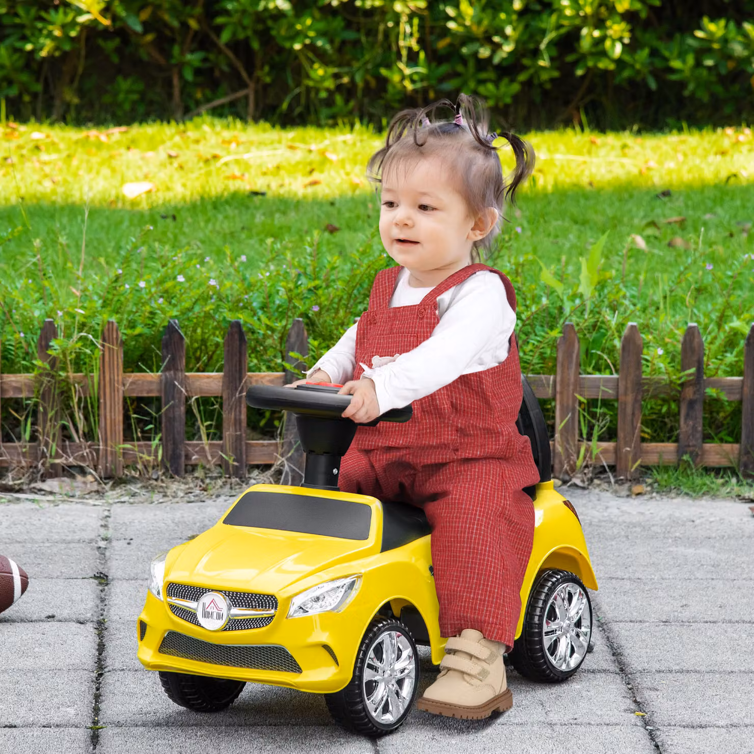 Macchina Cavalcabile Giocattolo HOMCOM per Bambini con Volante, Musiche e Fari, Giallo, L: 63.5 cm, P: 28 cm, H: 36 cm – 2