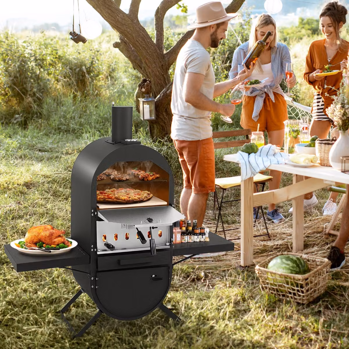 Forno per pizza da esterno Costway a legna con pietra da 31 cm, termometro e copertura impermeabile, colore nero – 3