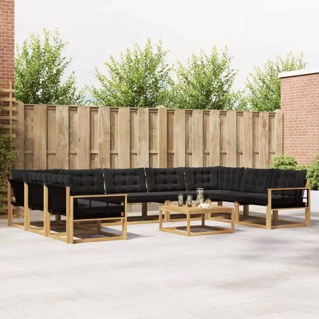 Set di divani da esterno a forma di U vidaXL in legno di acacia con tavolino e cuscini Bianco e Nero