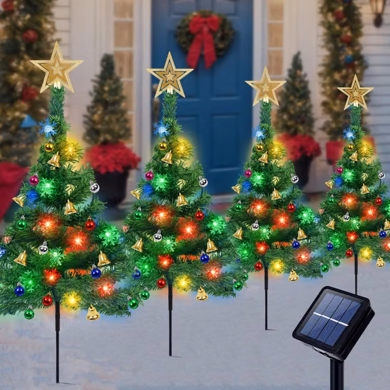 Set da 4 alberi decorativi solari con 80 luci a LED a forma di fiocchi di neve, multicolore, 8 modalità