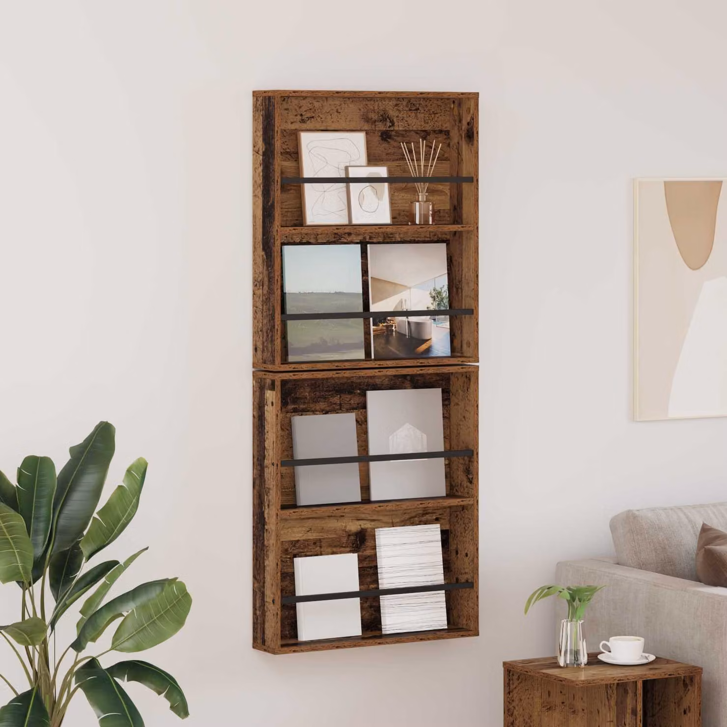 Set di 2 Scaffali per riviste vidaXL in Legno vecchio marrone, L: 60 cm, P: 12 cm, H: 70 cm