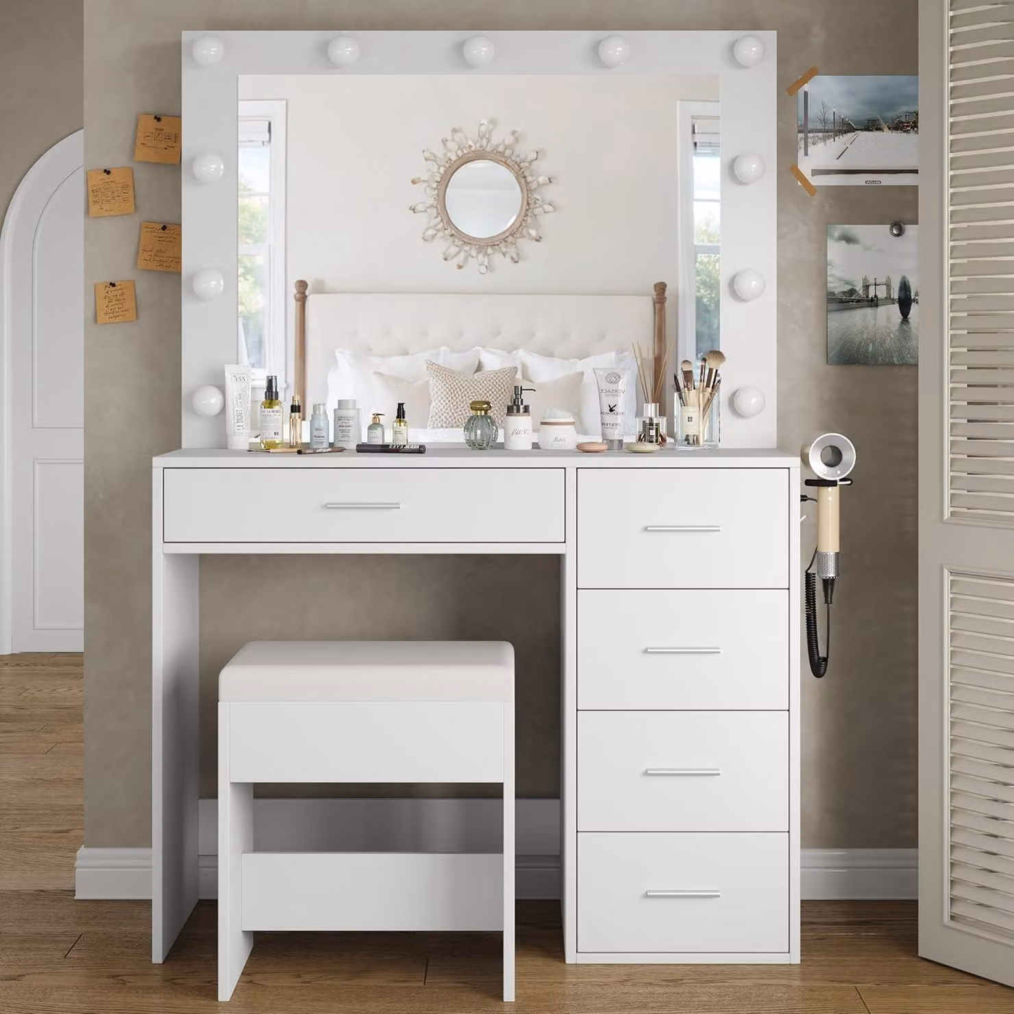 Comò da trucco illuminato, 94 cm, con 11 luci LED, 3 modalità, 5 cassetti e poggiapiedi, colore bianco