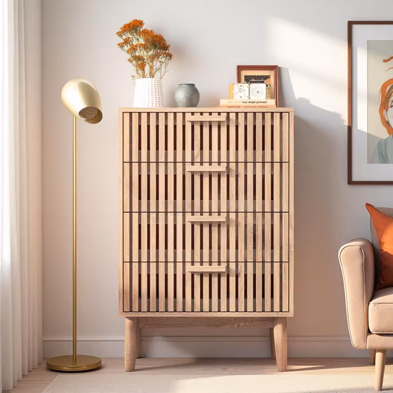 Cassettiera ProximaX con 4 cassetti | mobile credenza in colore naturale | cassettiera effetto legno con spazio per la camera da letto e il soggiorno