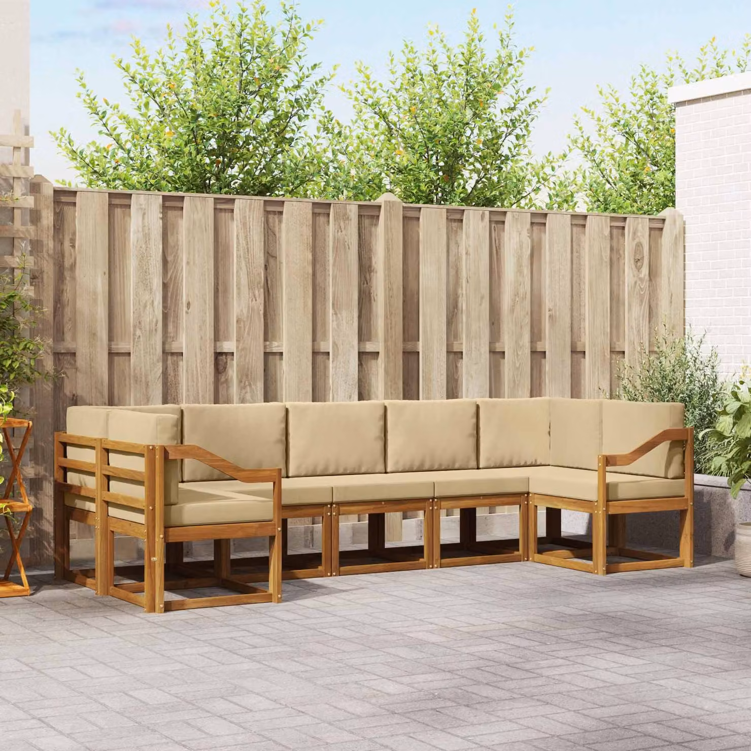 Set di divani da esterno vidaXL a forma di L composto da 7 pezzi in legno di acacia con cuscini beige e marrone