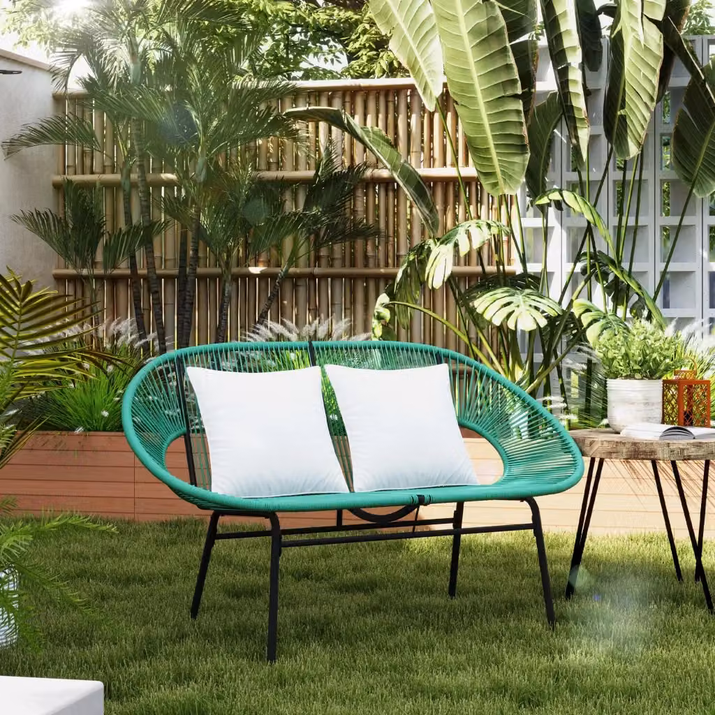 Divano da giardino a 2 posti Giordanoshop con cuscini in rattan e struttura in acciaio verniciato, L: 132 cm, P: 72 cm, H: 83 cm, disponibile in verde, nero o beige – 2