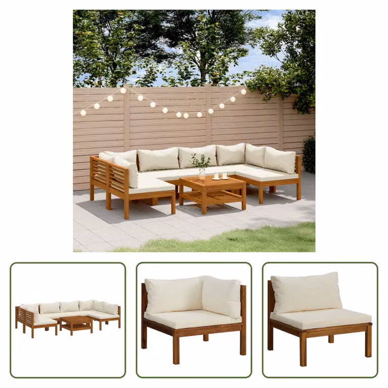 The Living Store Set da salotto da giardino 7 pezzi con cuscini crema Legno massiccio di acacia