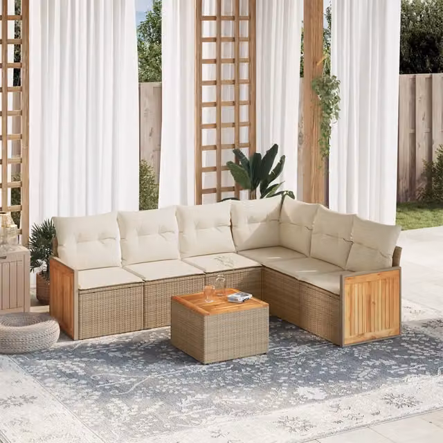 Set Divani da Giardino 7 pz con Cuscini Beige in Polyrattan 3260091