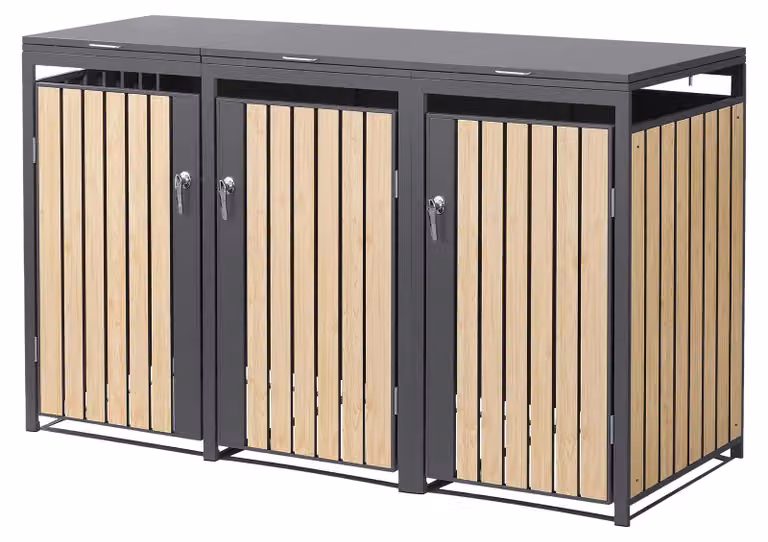 Contenitore per bidoni della spazzatura ML-Design, modello a 3 scomparti, per 3 bidoni da 240 litri, dimensioni 200x80x120 cm, finitura effetto legno di larice antracite, acciaio, resistente agli agenti atmosferici e con chiusura a chiave