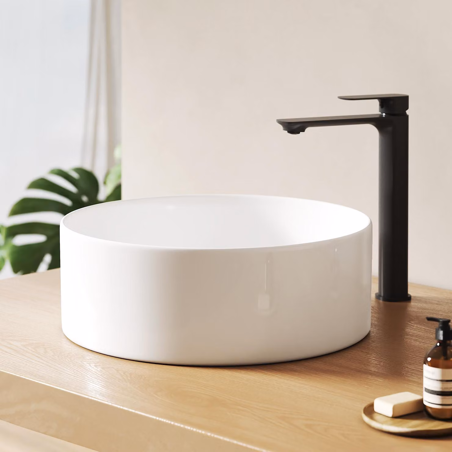 Lavabo da appoggio EMKE rotondo 352x352x112 mm in ceramica, smaltato bianco lucido, senza foro per rubinetto e troppopieno, design moderno per bagni eleganti