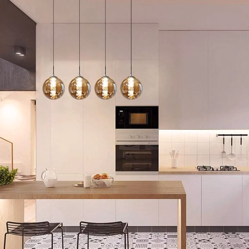 ZMH Lampada a sospensione moderna in vetro e metallo con LED regolabile in altezza per soggiorno, cucina o camera da letto, disponibile in finiture cromo, grigio o oro/ottone – 2