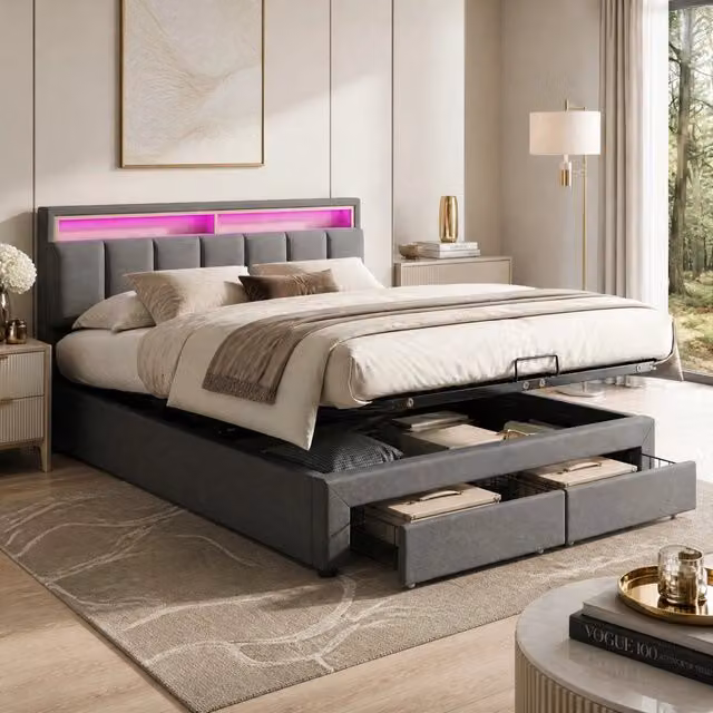 Letto imbottito matrimoniale 180x200 cm con LED; contenitore sotto letto; in lino grigio scuro