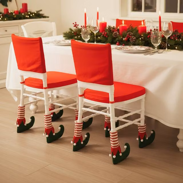 Set di 4 coperture per gambe di sedia a tema elfo natalizio in tessuto a righe rosso, bianco e verde