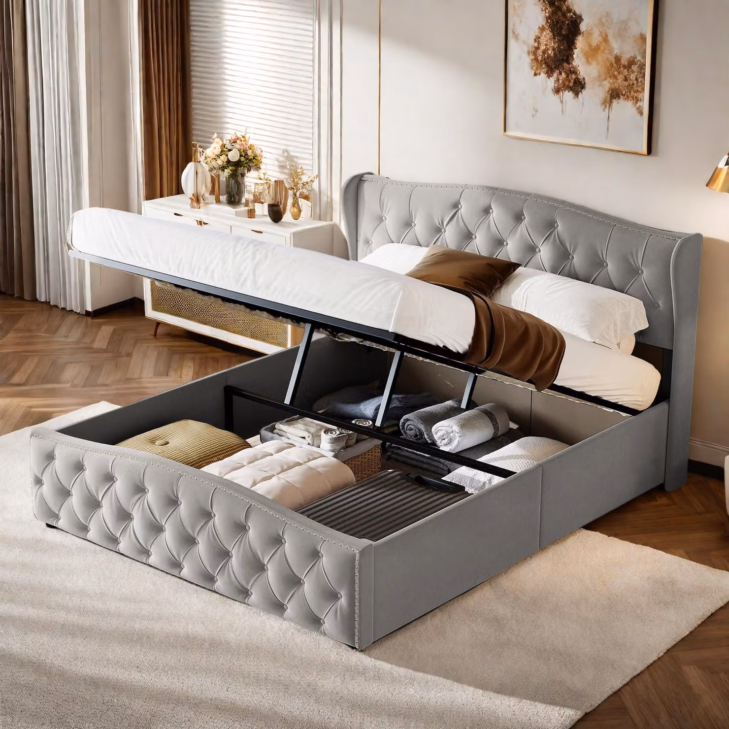 Letto imbottito Fortuna Lai 140x200cm con rete a doghe, rete e contenitore, idraulico, velluto, grigio