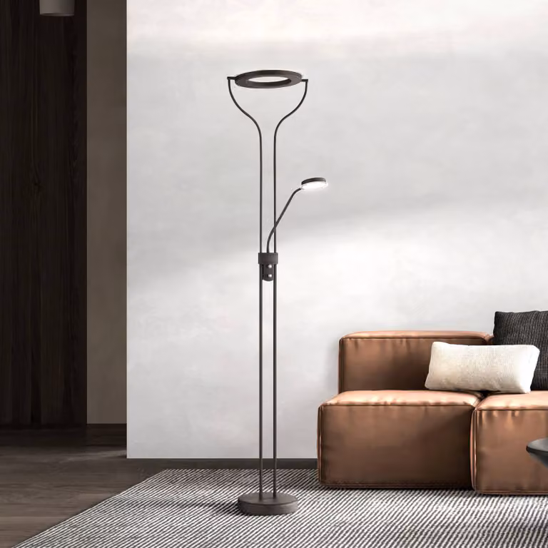 FISCHER & HONSEL Lampada da terra con luce lettura Davos, dimmerabile, Nero, Soggiorno / Sala da pranzo, Metallo, Lampada LED da terra