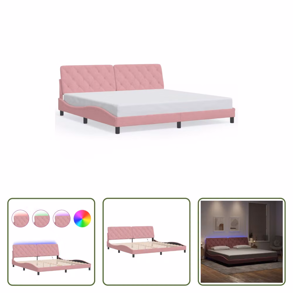 The Living Store Struttura letto con luci LED rosa 200x200 cm in velluto
