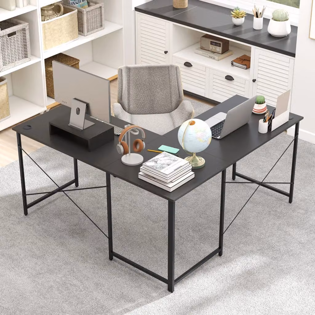 Scrivania angolare per ufficio e home office convertibile con supporto monitor in metallo robusto, Grigio, L: 240 cm – 2