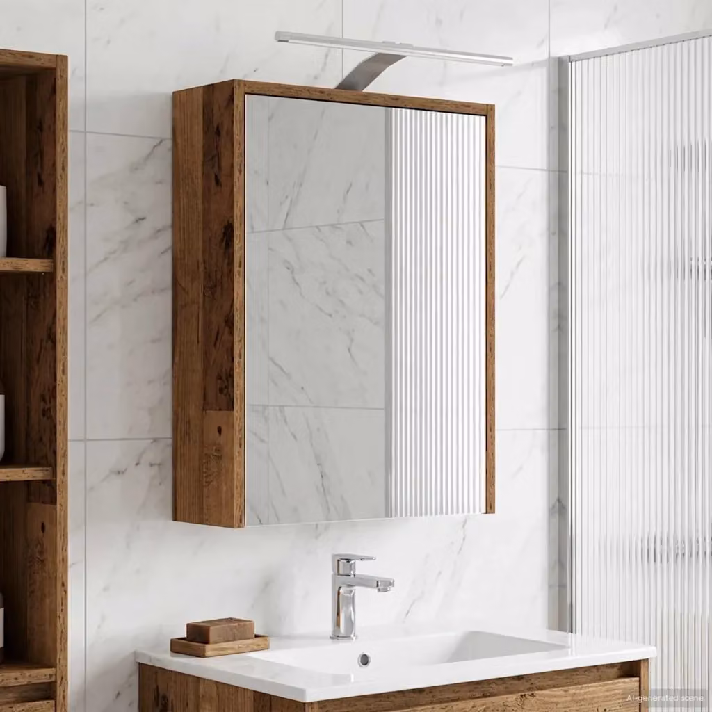 Mobiletto da bagno moderno in legno marrone con illuminazione LED e ripiani interni, sospeso, L: 43 cm, P: 16 cm, H: 62.5 cm – 2