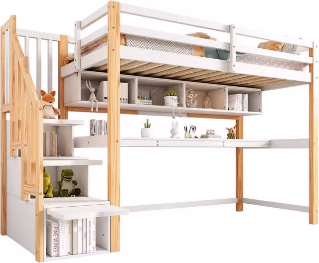 Letto a soppalco per bambini REDOM con scrivania, scala contenitore e scomparti laterali, bianco e rovere, L/P/H: 200 x 90 x 135 cm
